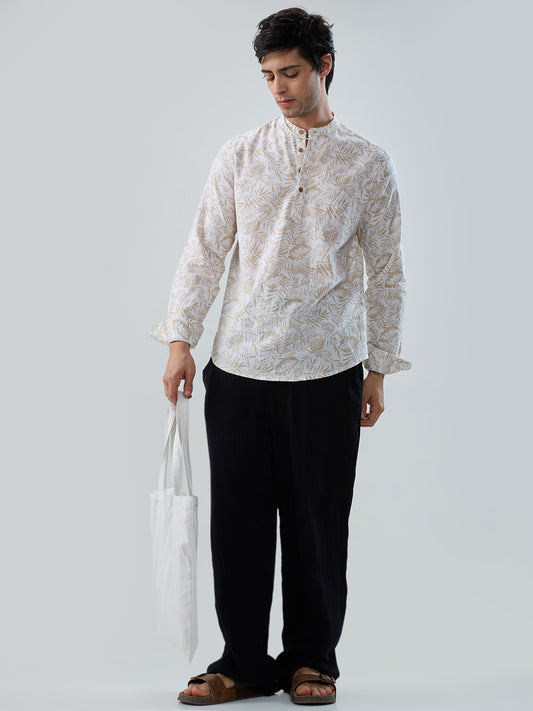 Classic Beige Leaf Printed Kurta