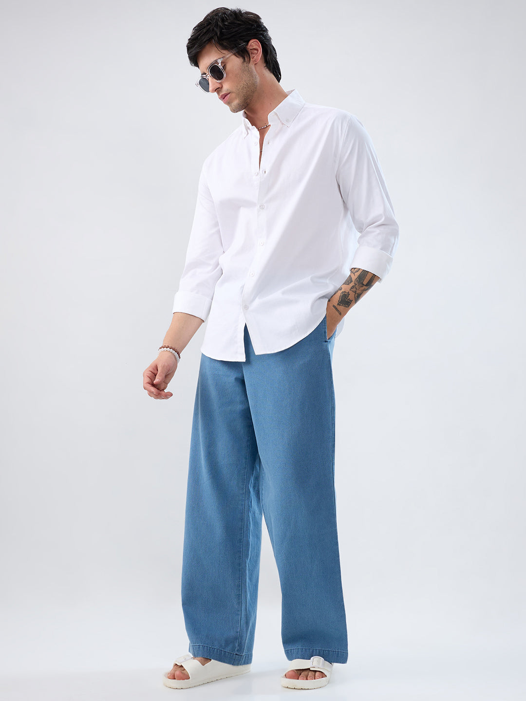 White Satin Button-Down Collar Business Shirt