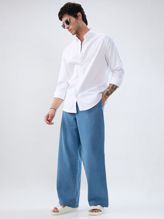 White Satin Button-Down Collar Business Shirt