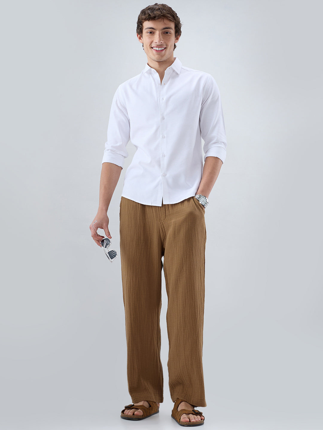 Classic Caramel Brown Double Cloth Straight-Fit Trousers