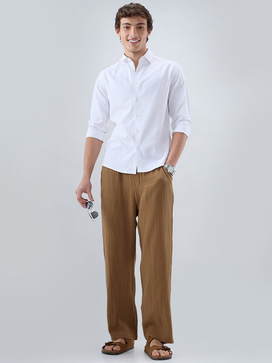 Classic Caramel Brown Double Cloth Straight-Fit Trousers