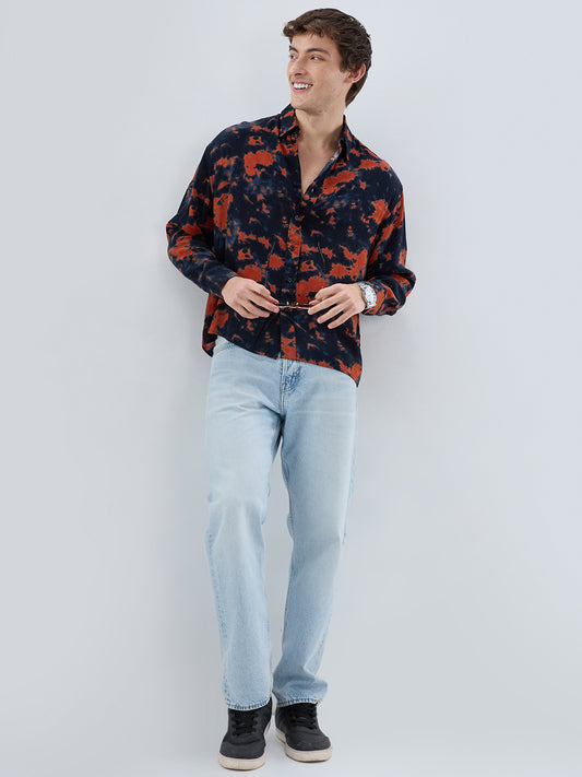 Burnt Orange Tie-Dye Printed Boxy Fit Crop Shirt