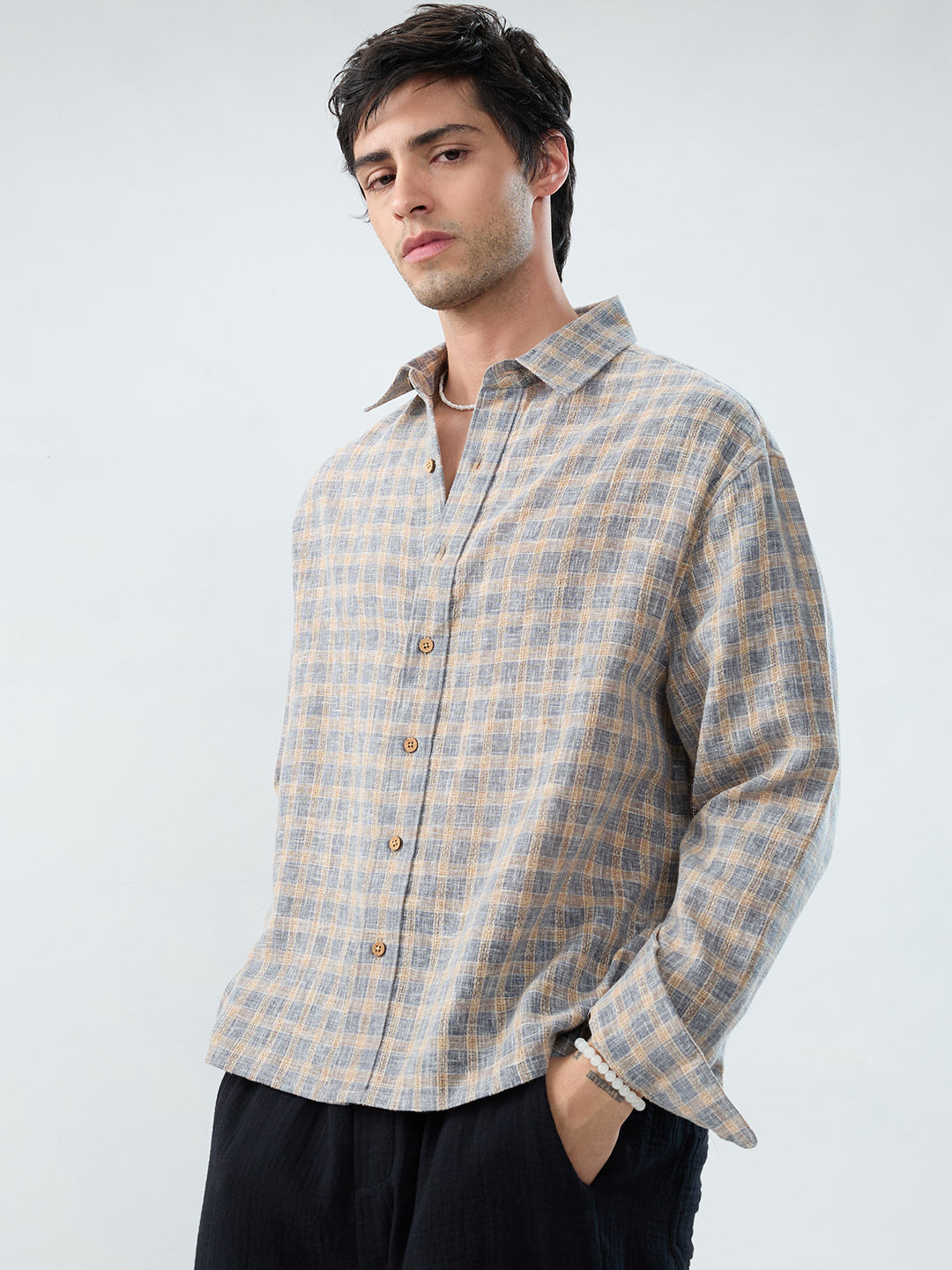 Fossil Grey Window Checks Linen Blend Boxy Fit Crop Shirt