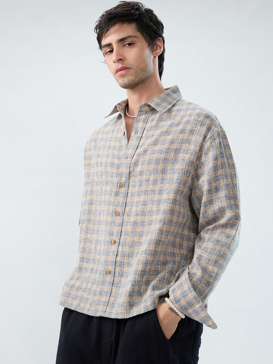 Fossil Grey Window Checks Linen Blend Boxy Fit Crop Shirt