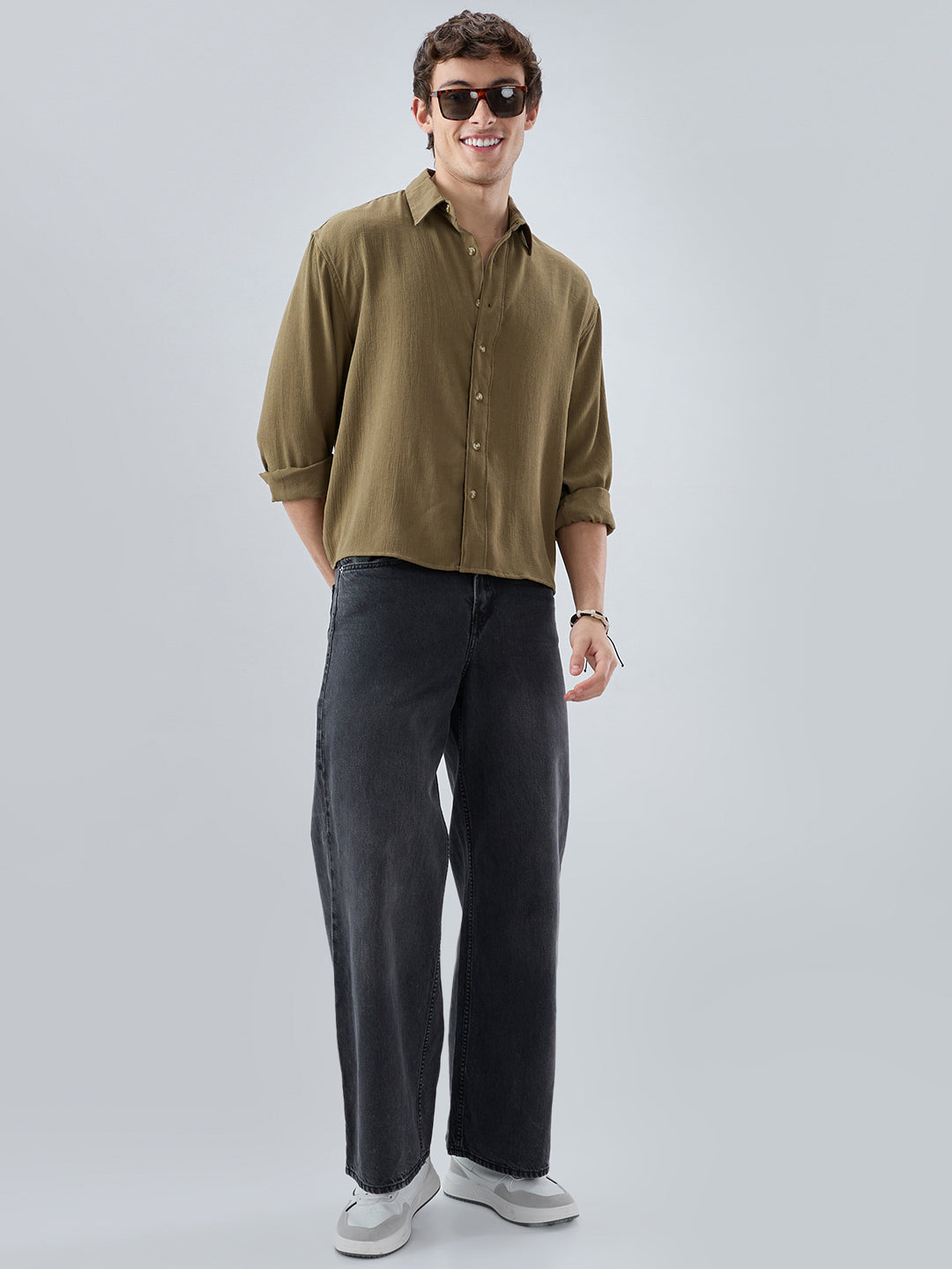 Pickle Olive Textured Boxy Fit Crop Shirt