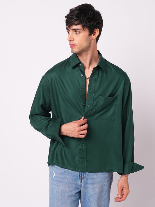 Solid Sacramento Green Boxy Fit Crop Shirt