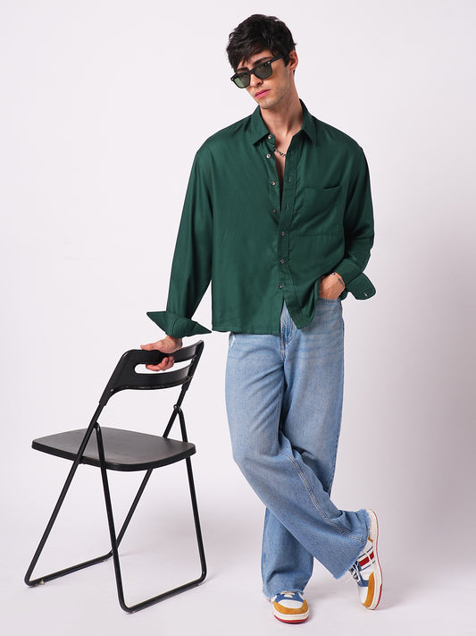 Solid Sacramento Green Boxy Fit Crop Shirt