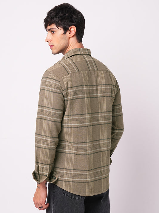Burlap Saddle Brown Plaid Checks Textured Shirt