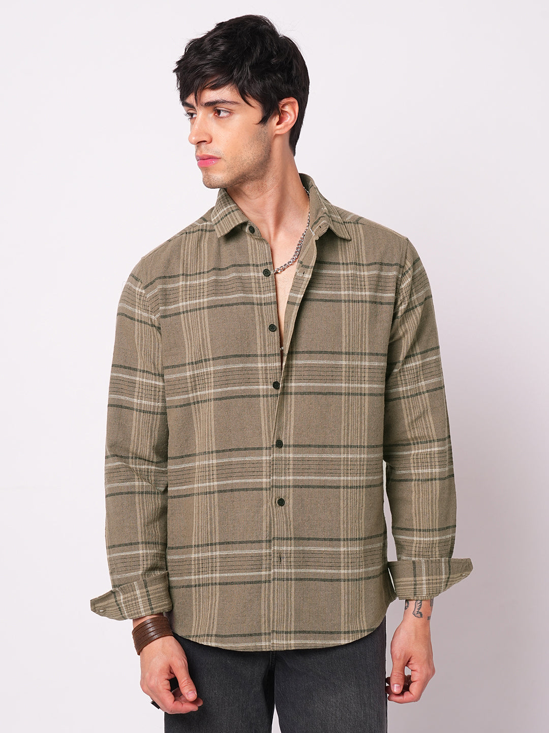 Burlap Saddle Brown Plaid Checks Textured Shirt