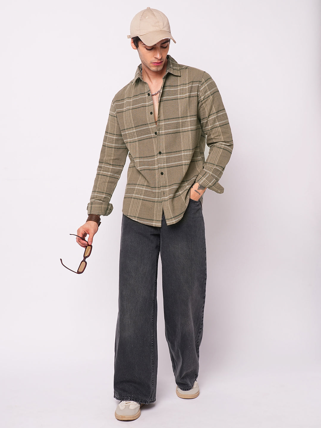 Burlap Saddle Brown Plaid Checks Textured Shirt