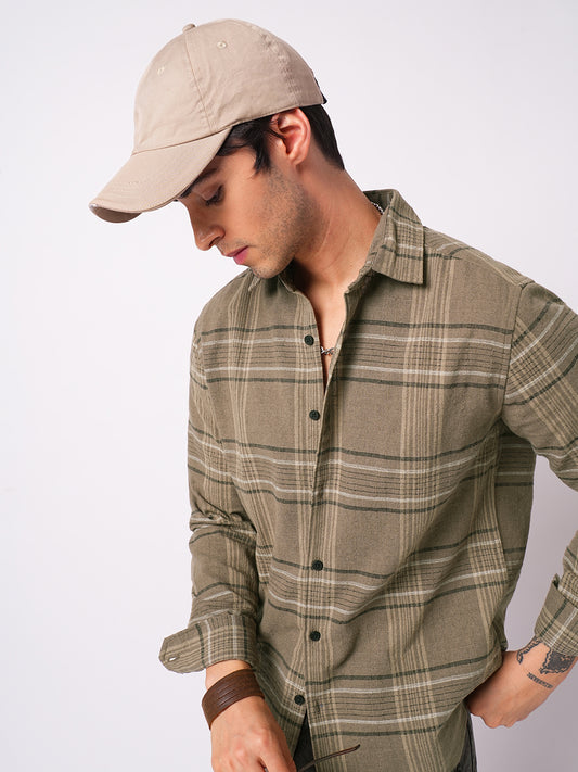 Burlap Saddle Brown Plaid Checks Textured Shirt