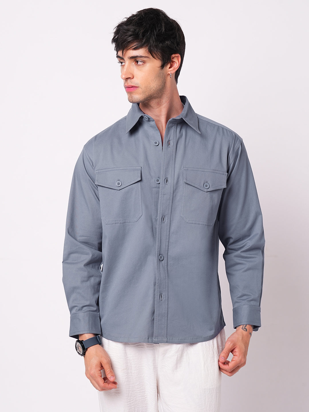 Solid Glaucous Blue Double Pocket Overshirt