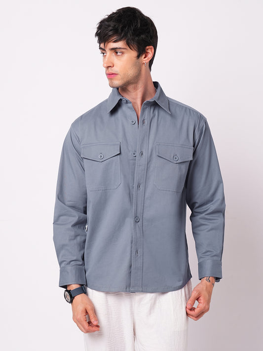 Solid Glaucous Blue Double Pocket Overshirt