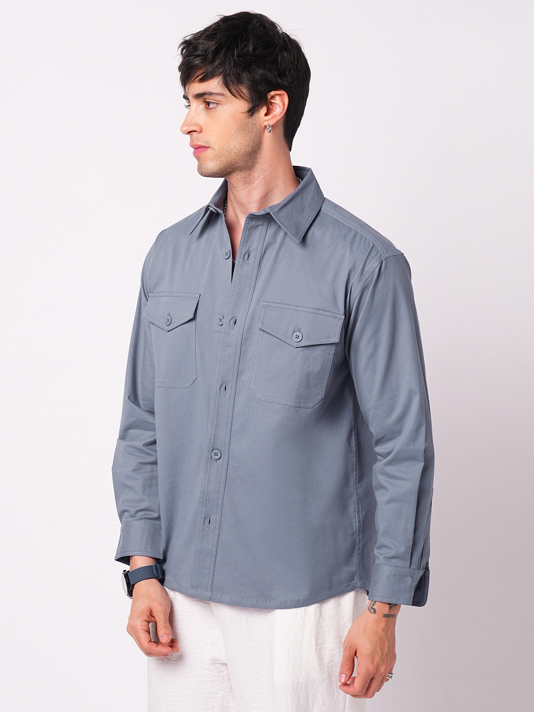 Solid Glaucous Blue Double Pocket Overshirt
