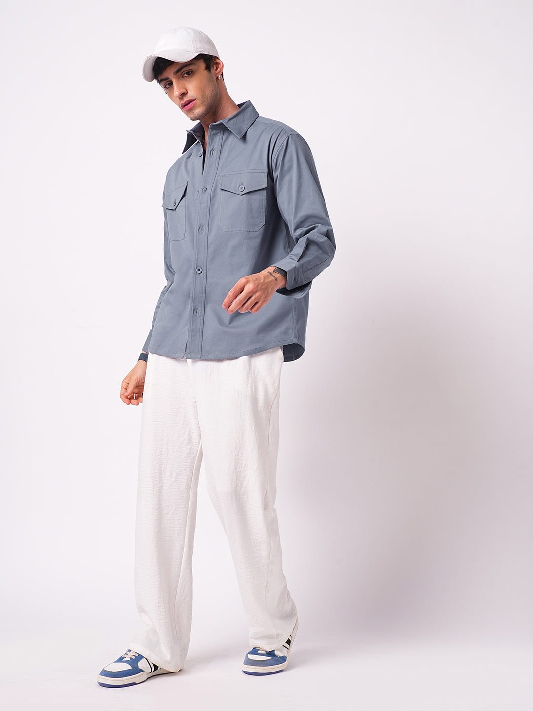 Solid Glaucous Blue Double Pocket Overshirt