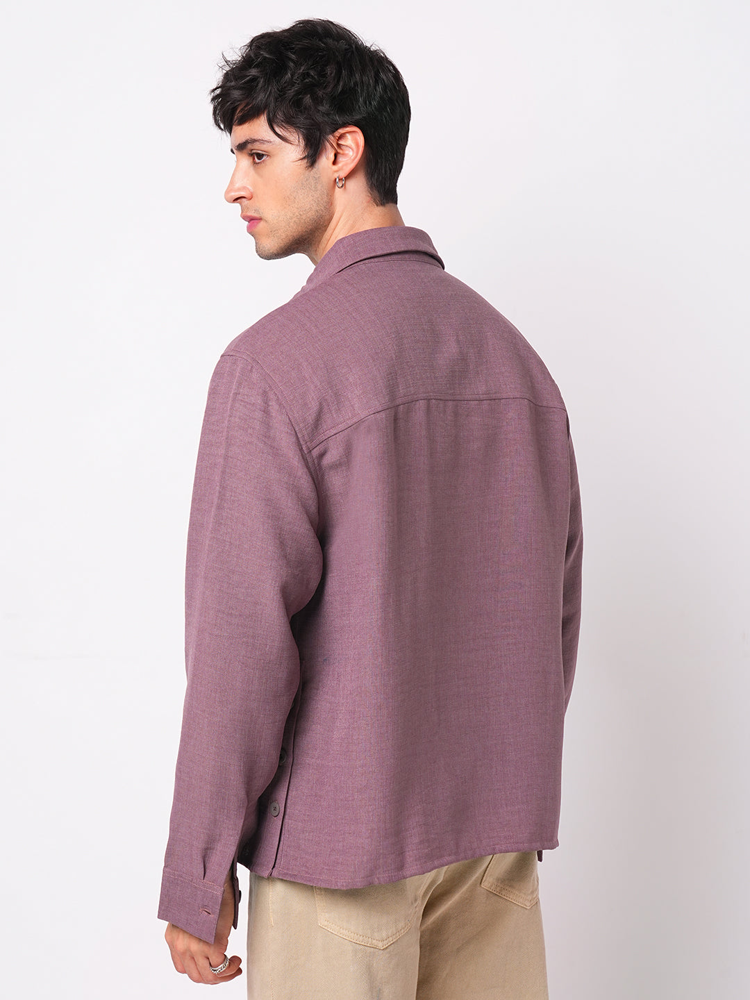 Duskwind Mauve Slub Oversized Side-Slit Button Crop Shirt