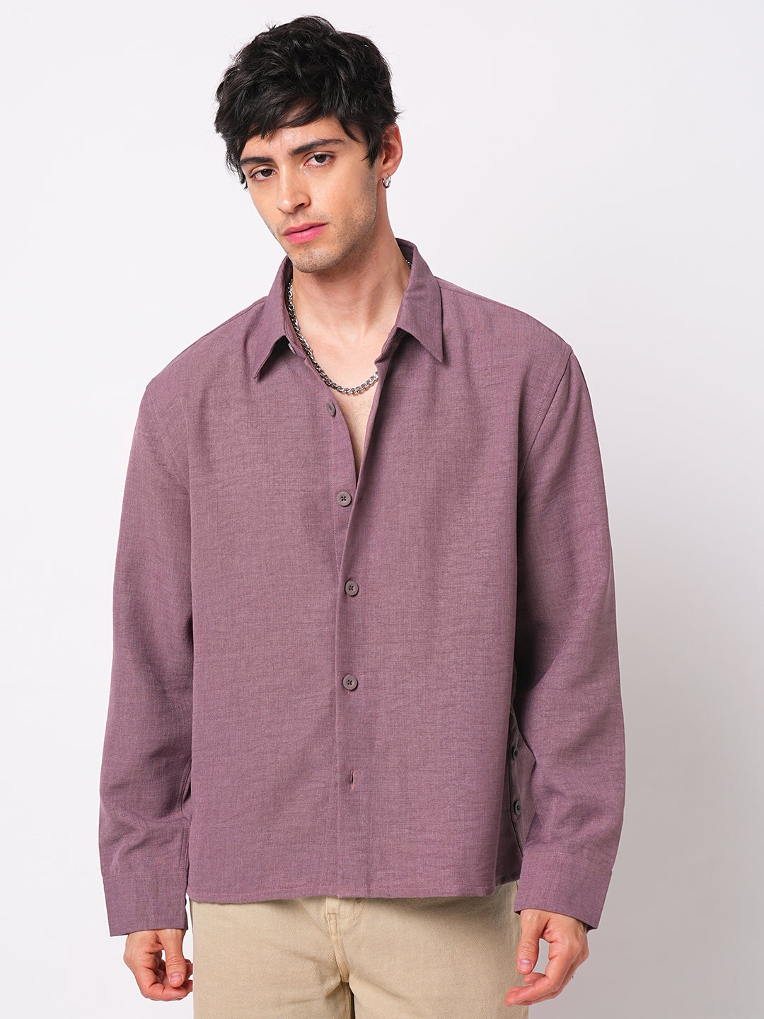 Duskwind Mauve Slub Oversized Side-Slit Button Crop Shirt