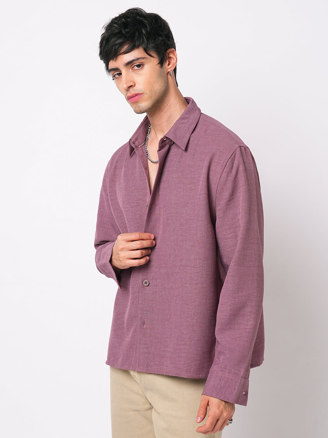 Duskwind Mauve Slub Oversized Side-Slit Button Crop Shirt