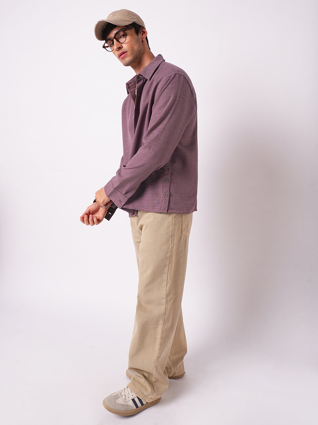 Duskwind Mauve Slub Oversized Side-Slit Button Crop Shirt