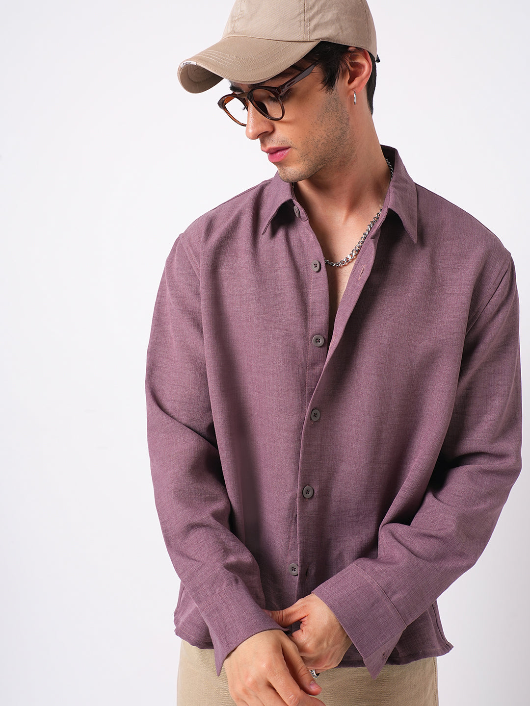 Duskwind Mauve Slub Oversized Side-Slit Button Crop Shirt