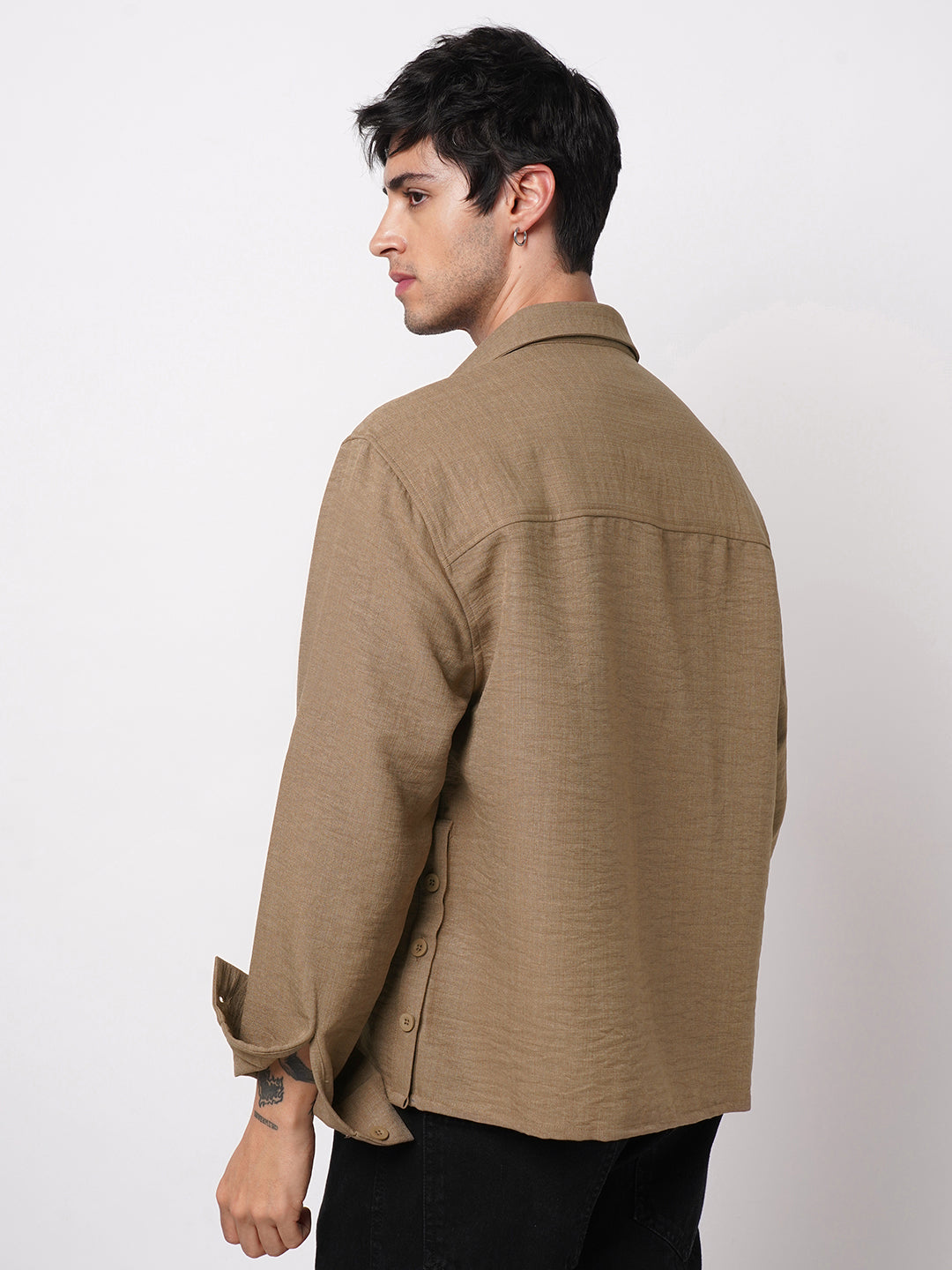 Khaki Side-Slit Button Oversized Crop Shirt