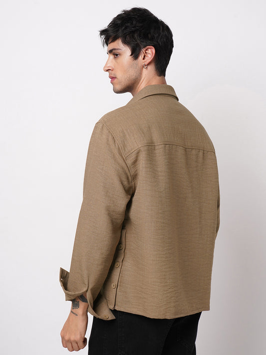 Khaki Side-Slit Button Oversized Crop Shirt