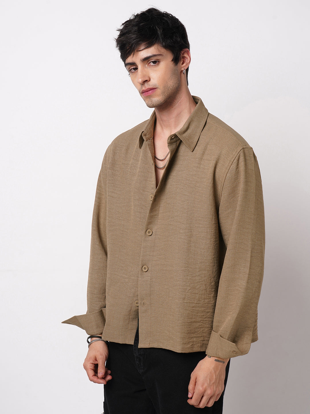 Khaki Side-Slit Button Oversized Crop Shirt