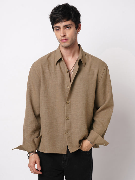 Khaki Side-Slit Button Oversized Crop Shirt