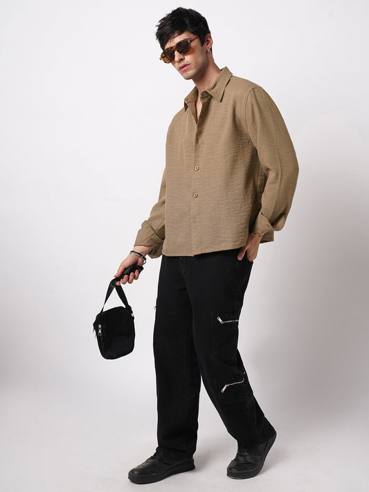 Khaki Side-Slit Button Oversized Crop Shirt