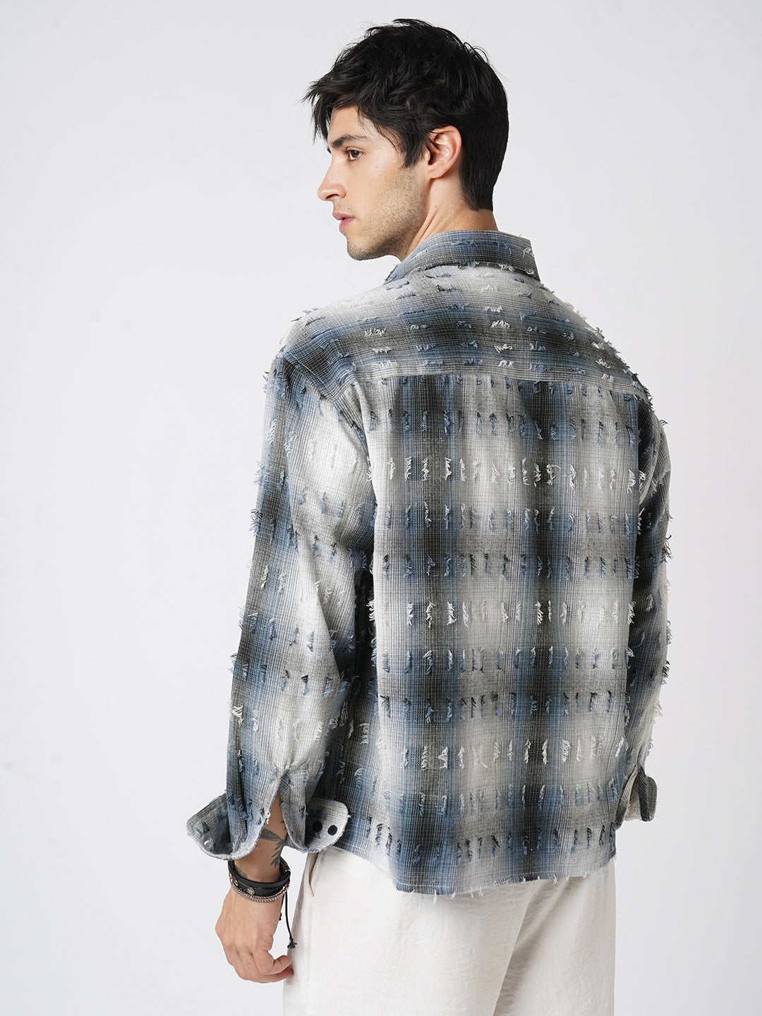 Midnight Blue Frayed Checks Boxy Fit Crop Shirt