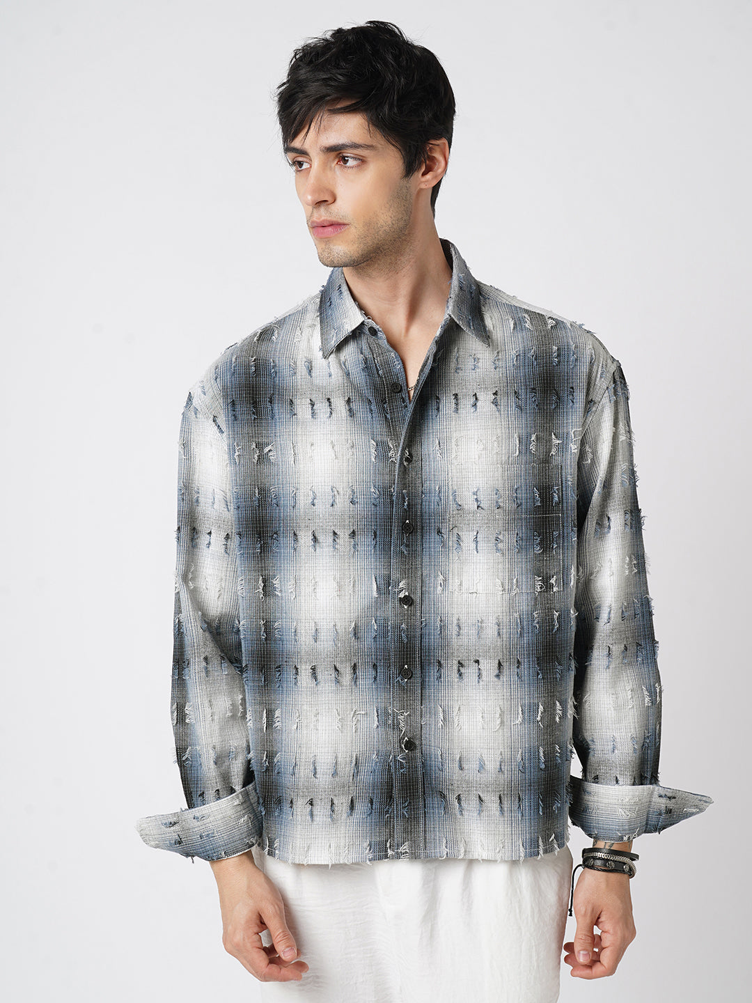 Midnight Blue Frayed Checks Boxy Fit Crop Shirt