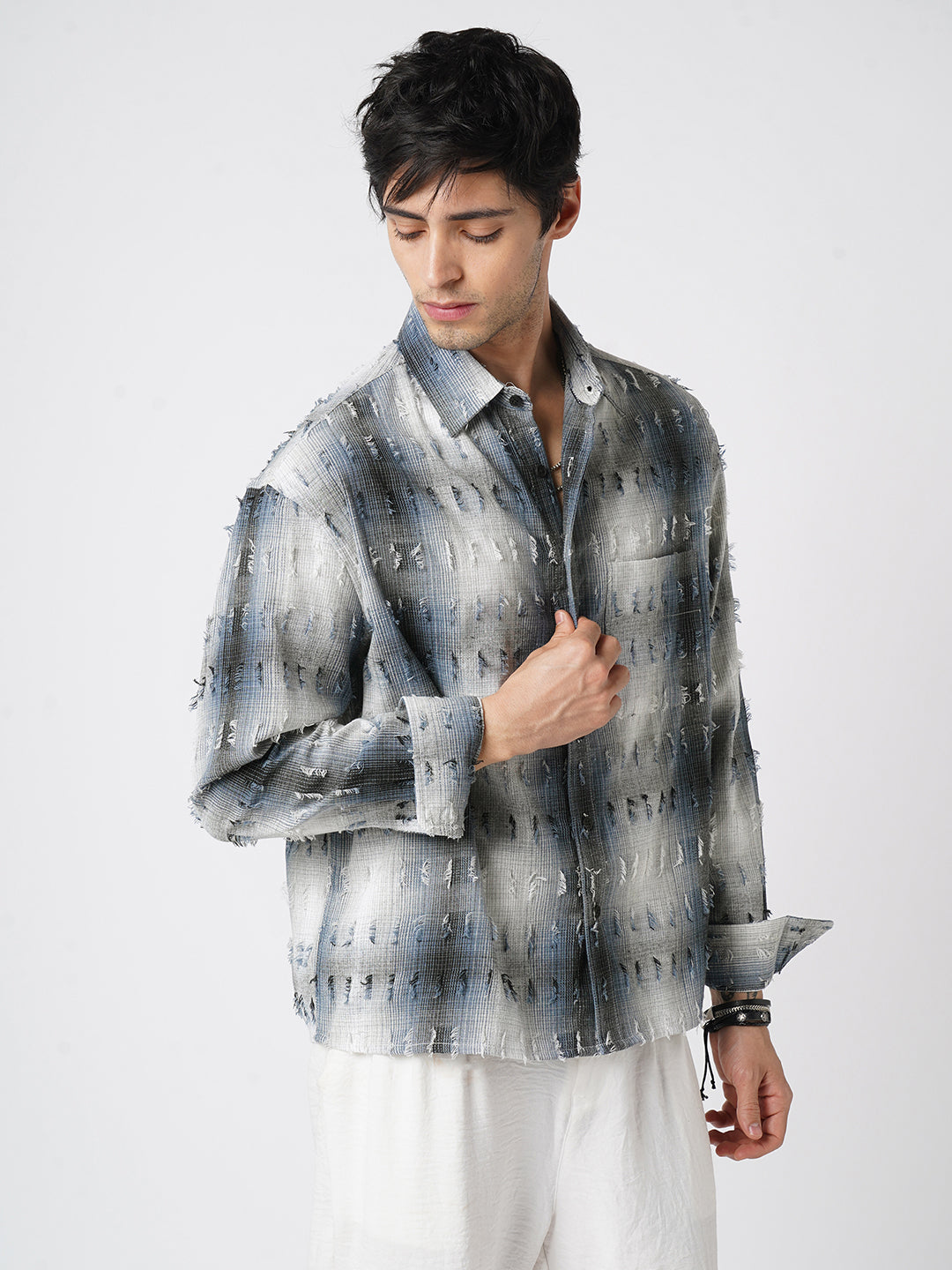 Midnight Blue Frayed Checks Boxy Fit Crop Shirt