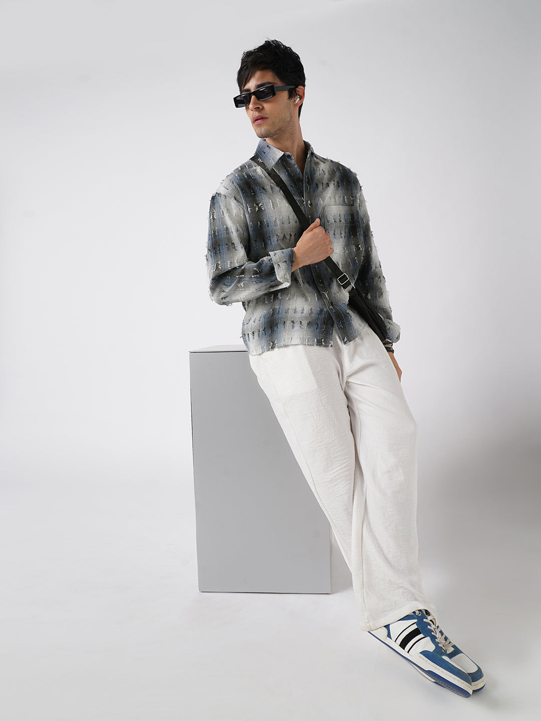 Midnight Blue Frayed Checks Boxy Fit Crop Shirt