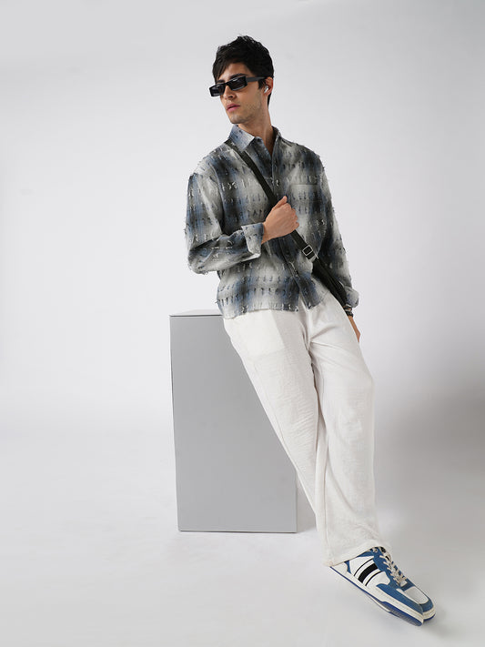 Midnight Blue Frayed Checks Boxy Fit Crop Shirt