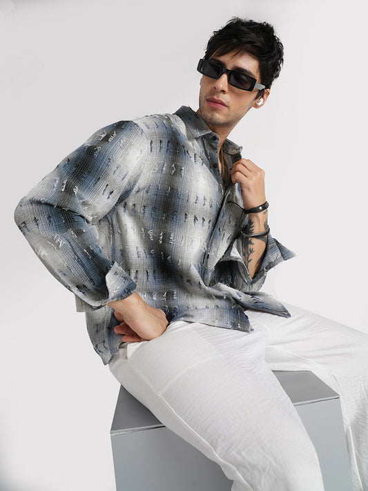 Midnight Blue Frayed Checks Boxy Fit Crop Shirt