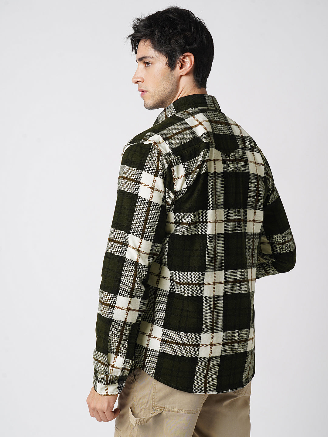 Brown & White Herringbone Weave Checked Corduroy Shirt