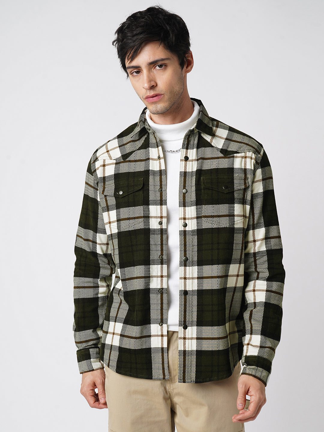 Brown & White Herringbone Weave Checked Corduroy Shirt