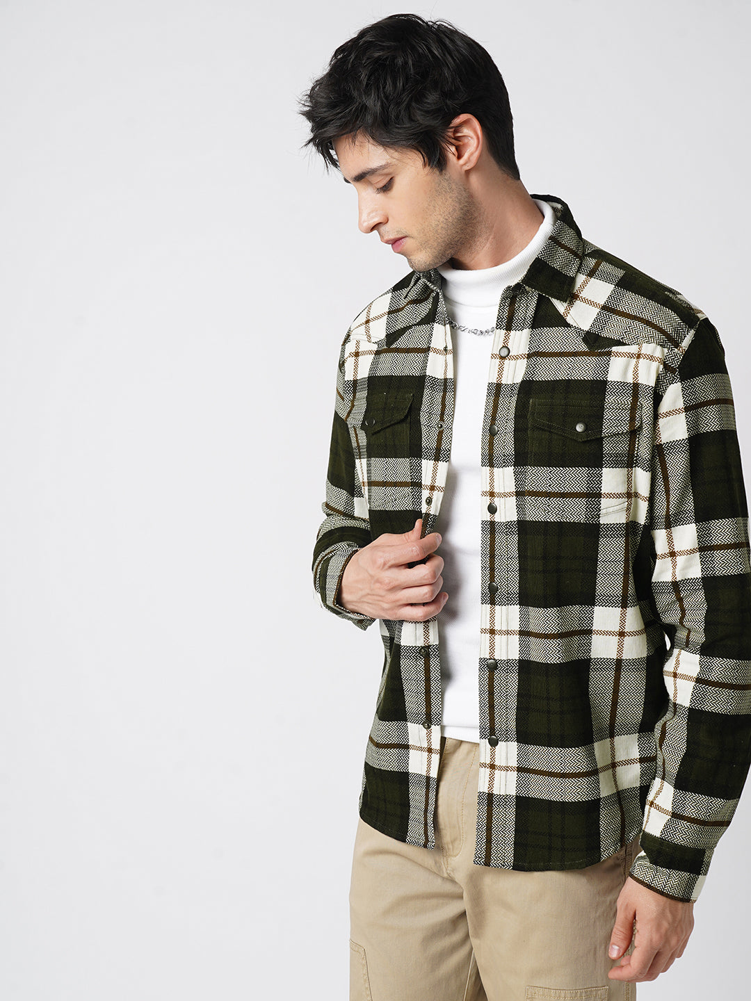 Brown & White Herringbone Weave Checked Corduroy Shirt