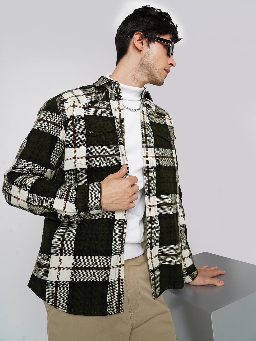 Brown & White Herringbone Weave Checked Corduroy Shirt