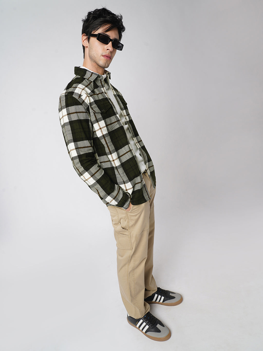 Brown & White Herringbone Weave Checked Corduroy Shirt