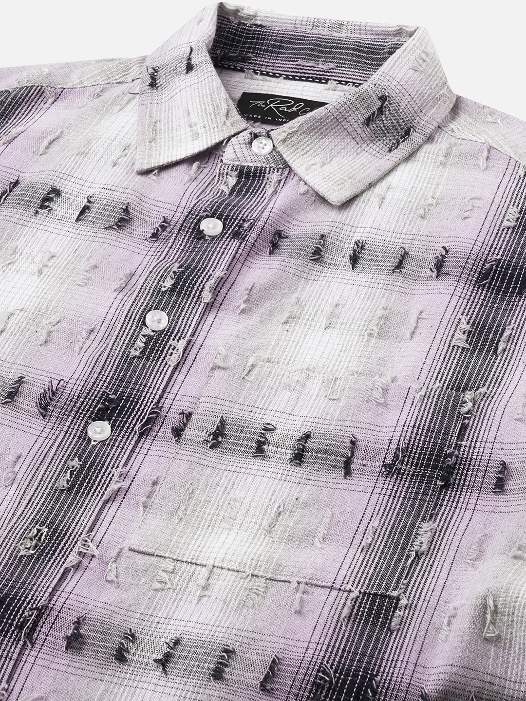 Dusky Lavender Plaid Checks Boxy Fit Frayed Crop Shirt