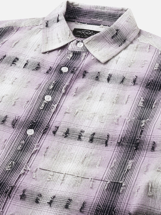 Dusky Lavender Plaid Checks Boxy Fit Frayed Crop Shirt