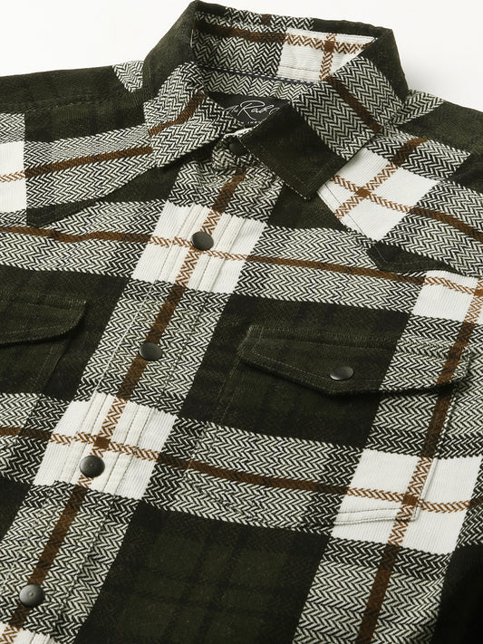 Brown & White Herringbone Weave Checked Corduroy Shirt