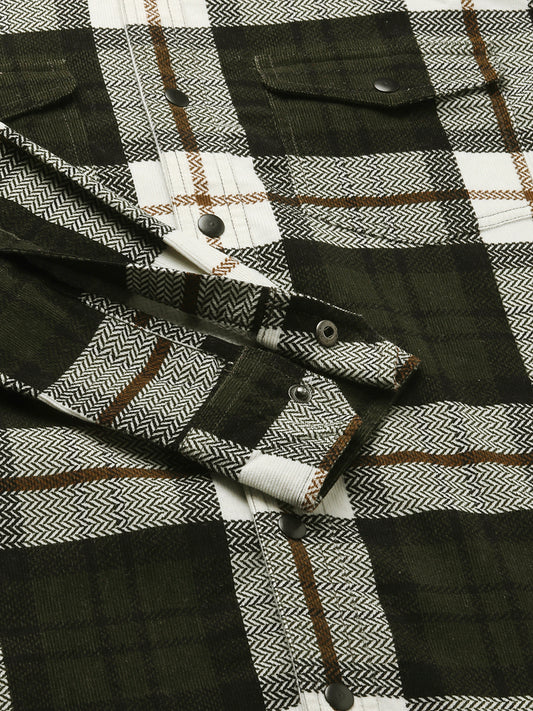 Brown & White Herringbone Weave Checked Corduroy Shirt