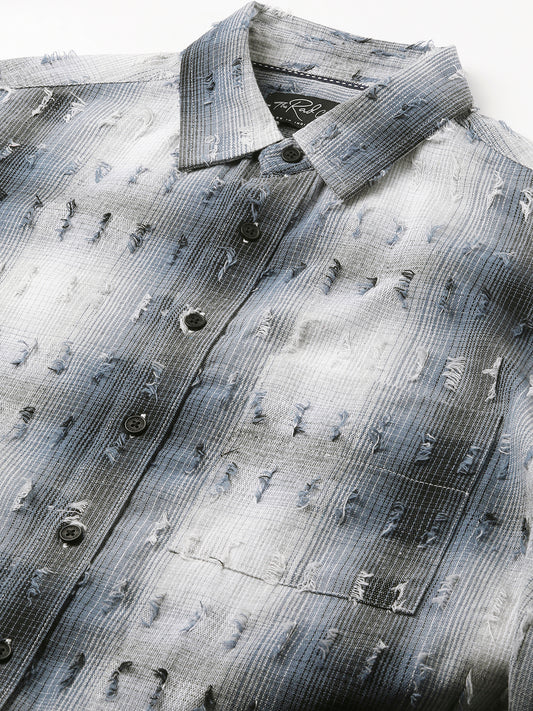 Midnight Blue Frayed Checks Boxy Fit Crop Shirt