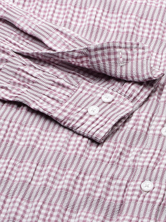 Lilac Seersucker Checks Boxy Fit Crop Shirt