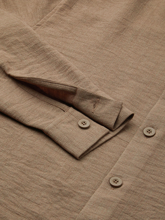 Khaki Side-Slit Button Oversized Crop Shirt