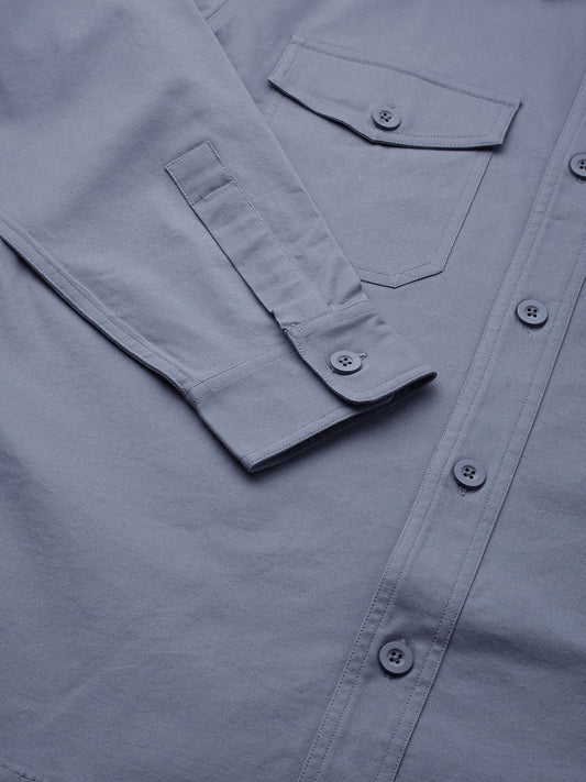 Solid Glaucous Blue Double Pocket Overshirt