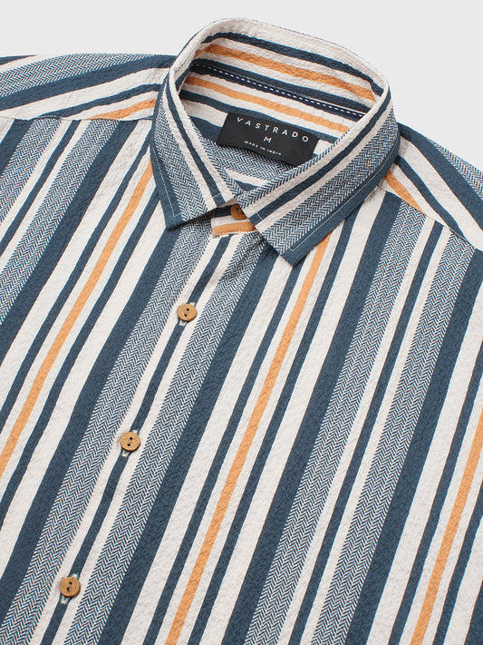 Teal Blue & Cream Crinkled Shirt