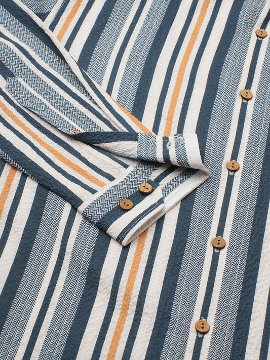 Teal Blue & Cream Crinkled Shirt
